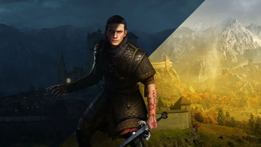 Coen wielding a sword with vampire markings in The Blood of Dawnwalker